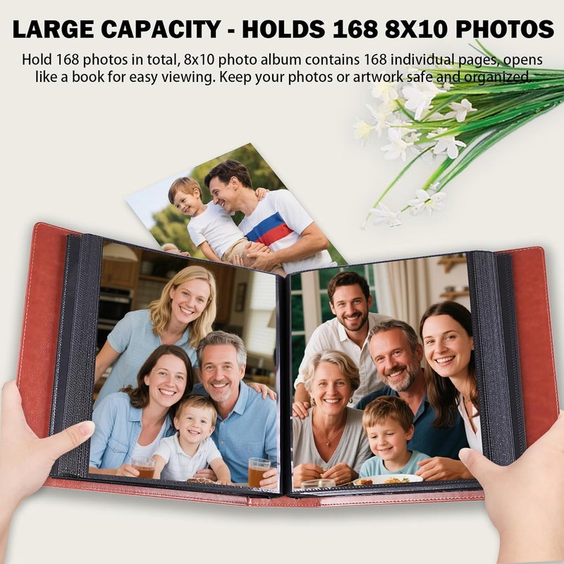 Aevdor 8x10 Photo Album 168 Pockets Holds 168 Photos, Large Capacity Leather Cover Family Wedding Baby Photo Book for 8 x 10 Pictures, Photo Album 8x10 with Black Inner Pages (Brown) - Image 3